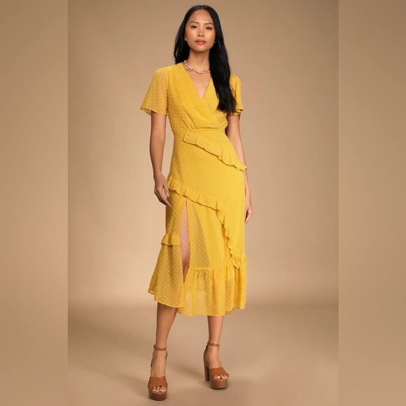 Lulu’s Next to You Mustard Yellow Swiss Dot Ruffled Midi Dress - Picture 1 of 8